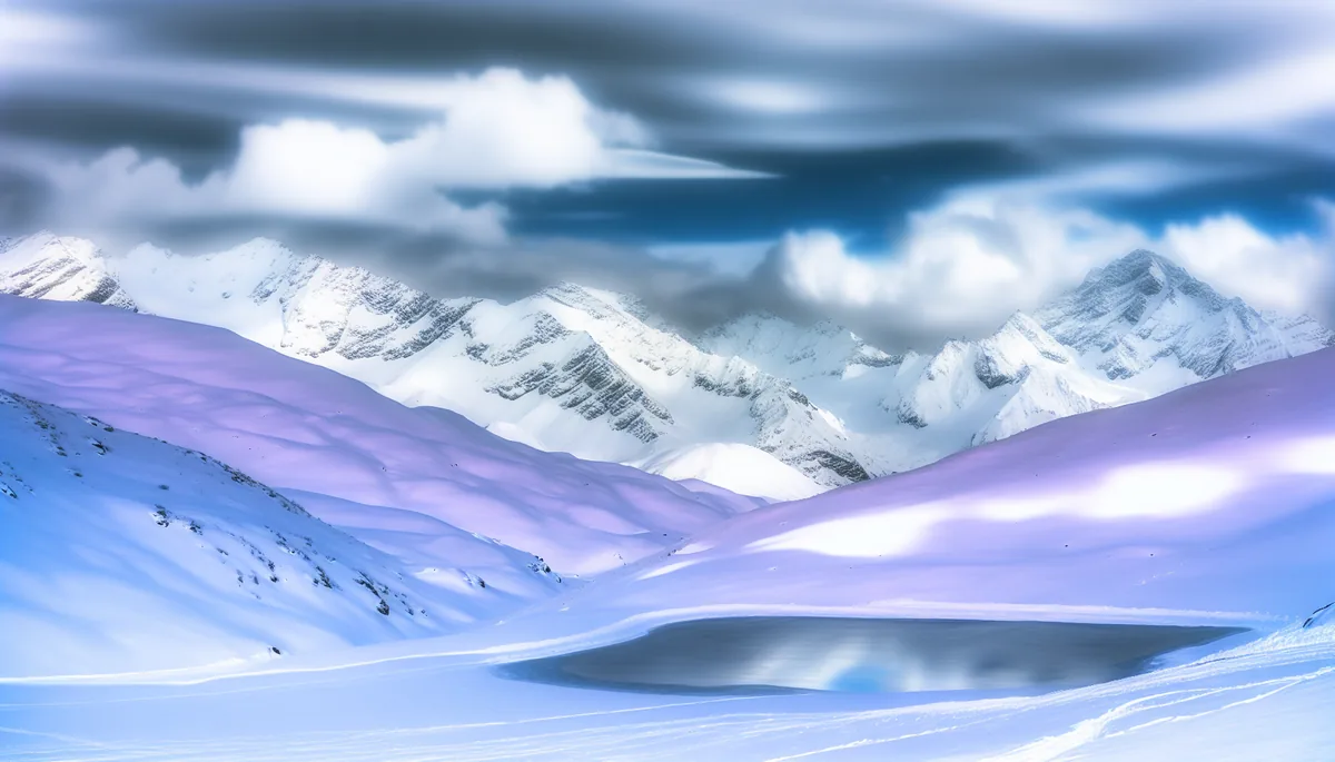 Breathtaking winter mountain landscape with snow-covered peaks reflected in a frozen lake under dramatic cloudy skies