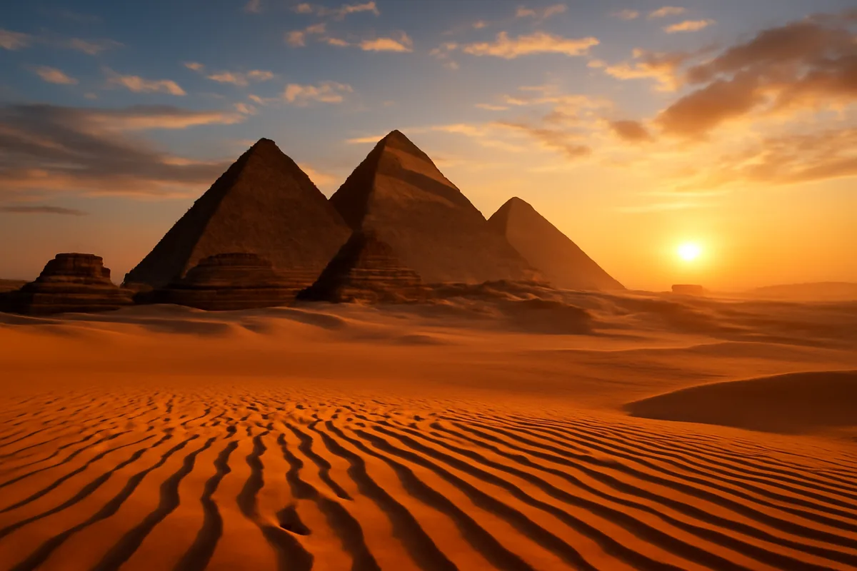 The pyramids of Giza illuminated by warm golden sunrise light, surrounded by desert sands under a clear blue sky