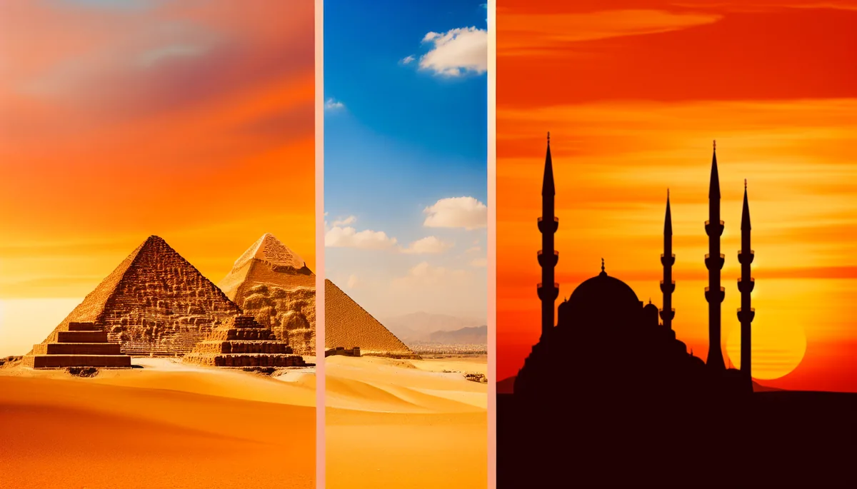 Split composition showing Egyptian pyramids on one side and Turkish mosque minarets on the other, both silhouetted against a dramatic golden sunset sky