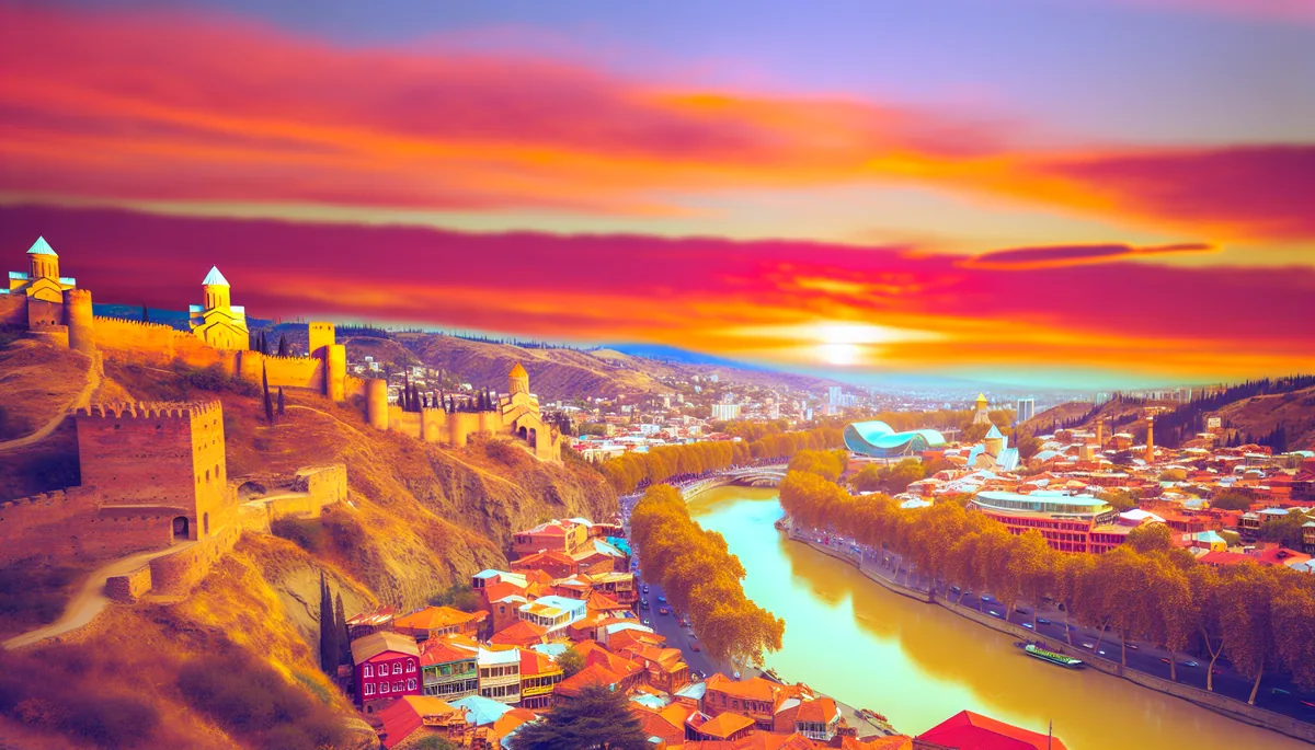 Panoramic view of Tbilisi, Georgia at sunset showing the ancient Narikala Fortress, traditional architecture, and the Mtkvari River