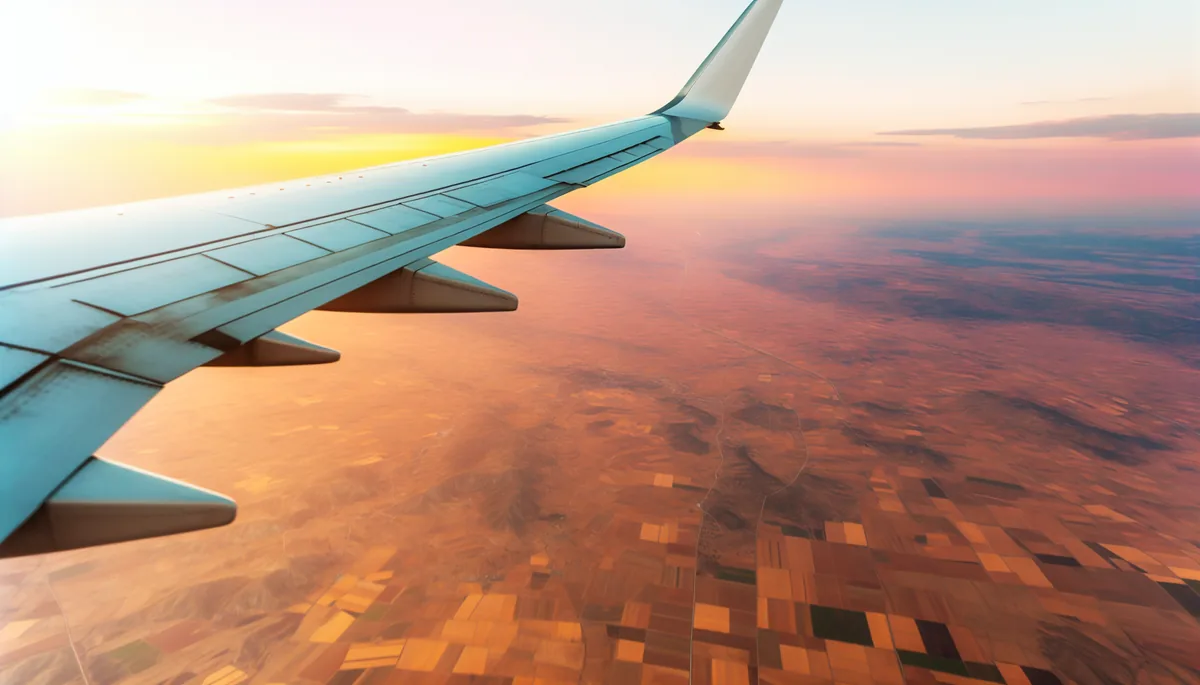 Aerial view from airplane window showing landscape below during golden hour flight