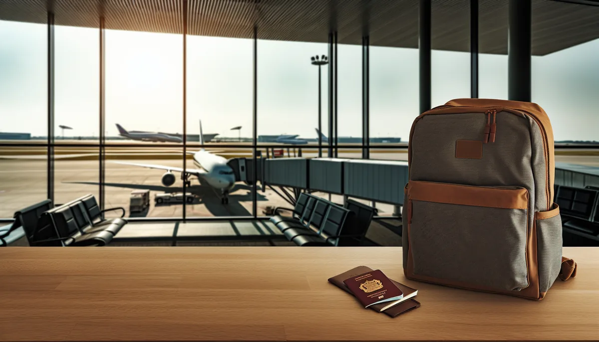 A traveler's backpack and passport placed on a wooden table at an airport departure lounge with planes visible through large windows in the background