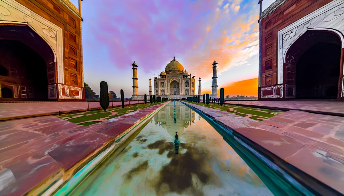 The iconic Taj Mahal in India photographed during golden hour with warm sunset lighting and reflecting pools in the foreground