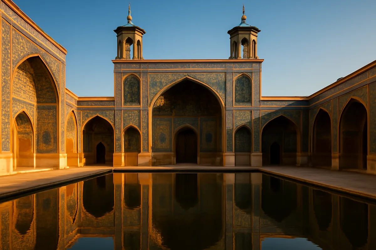 A stunning ancient Persian mosque with intricate turquoise mosaic tilework and ornate arched doorways reflected in a calm courtyard pool, bathed in warm golden hour light