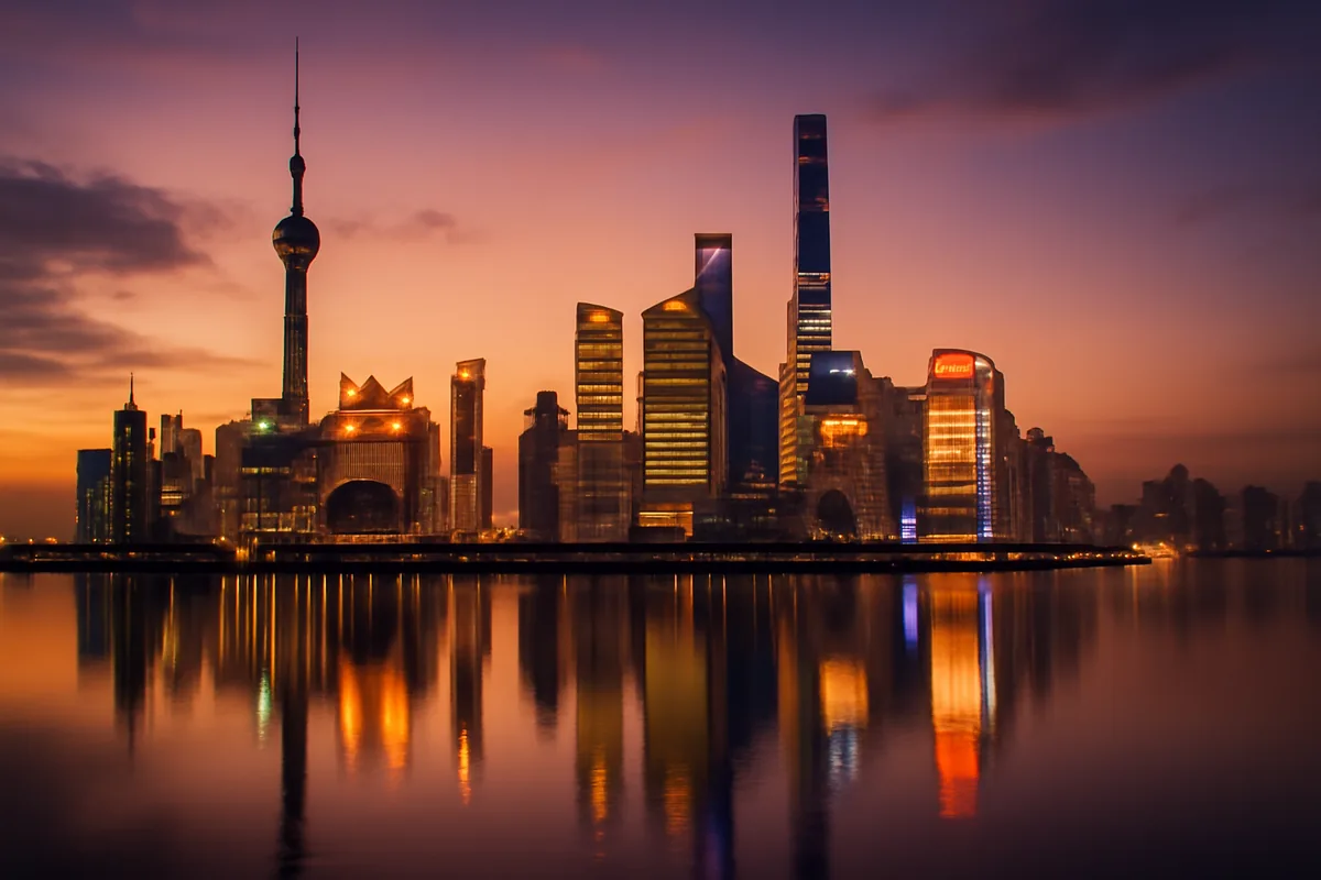 Shanghai skyline at dusk with Pudong district skyscrapers and Oriental Pearl Tower reflected in the Huangpu River under a warm purple and amber twilight sky