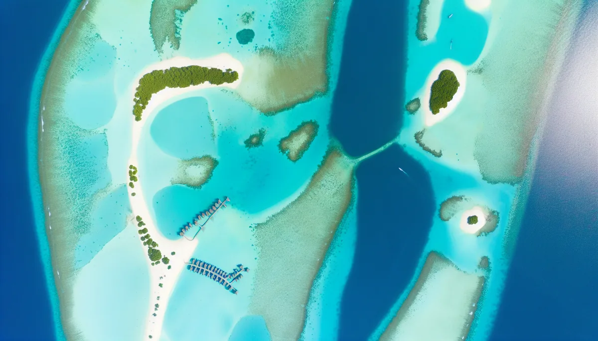Aerial view of Maldivian atolls showing pristine turquoise lagoons, white sandy beaches, and coral reefs scattered across the Indian Ocean