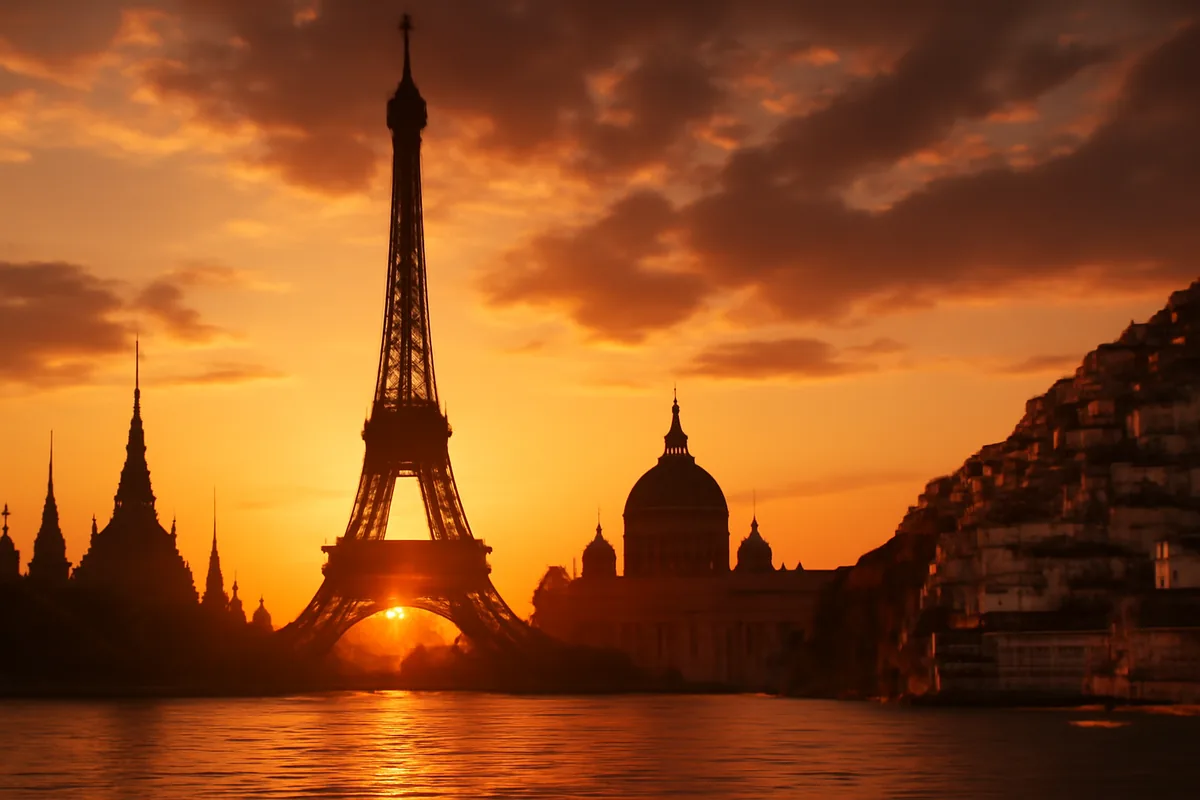 A sweeping panoramic travel scene combining iconic global landmarks at golden sunset, representing international travel across multiple countries