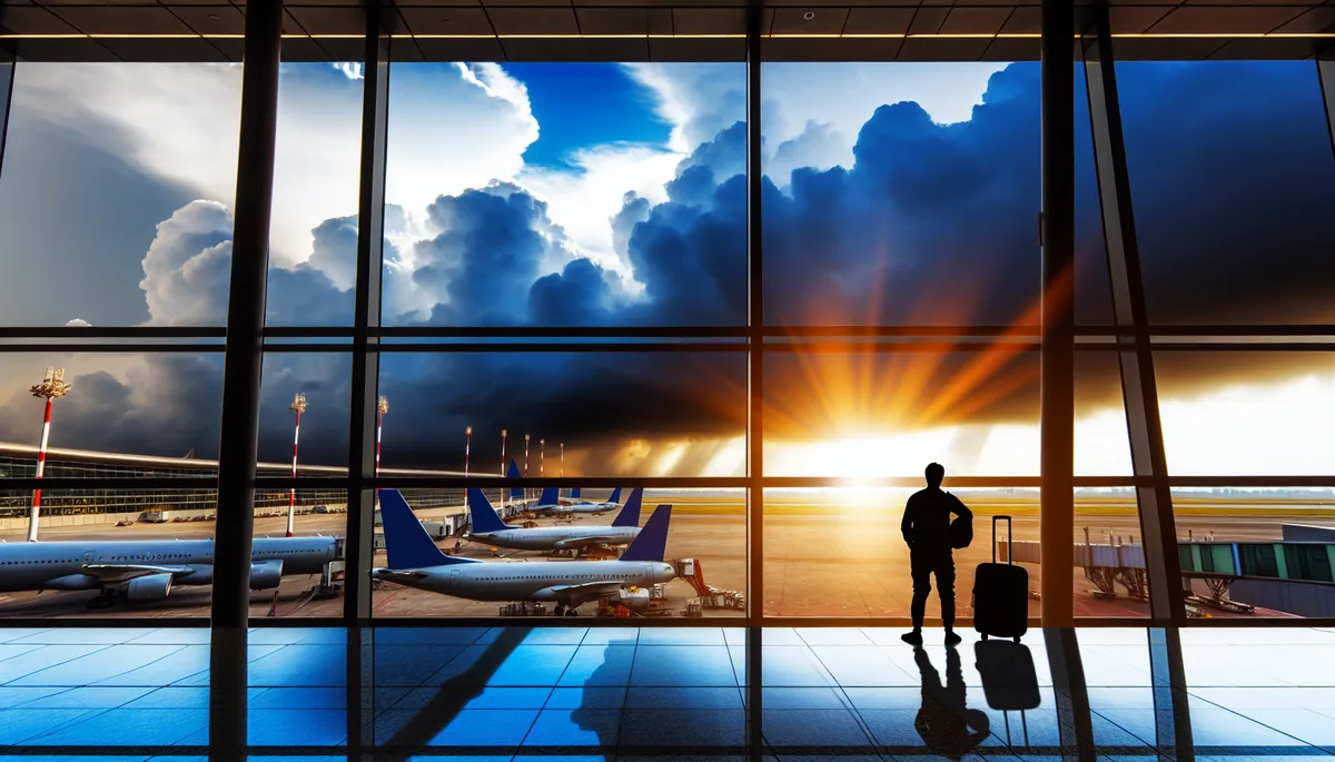 Silhouette of a traveler standing at an airport terminal window overlooking planes on the tarmac under a dramatic cloudy sky