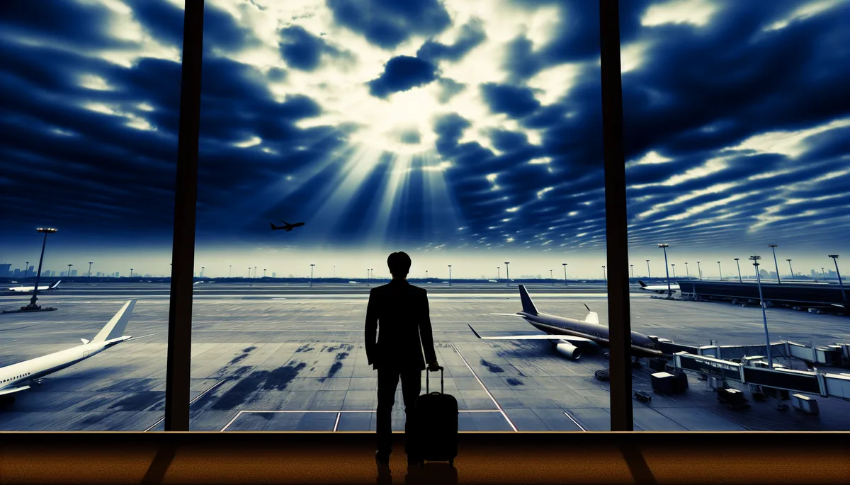 Silhouette of a traveler standing at an airport window looking out at planes on the tarmac under a dramatic cloudy sky with sunlight breaking through