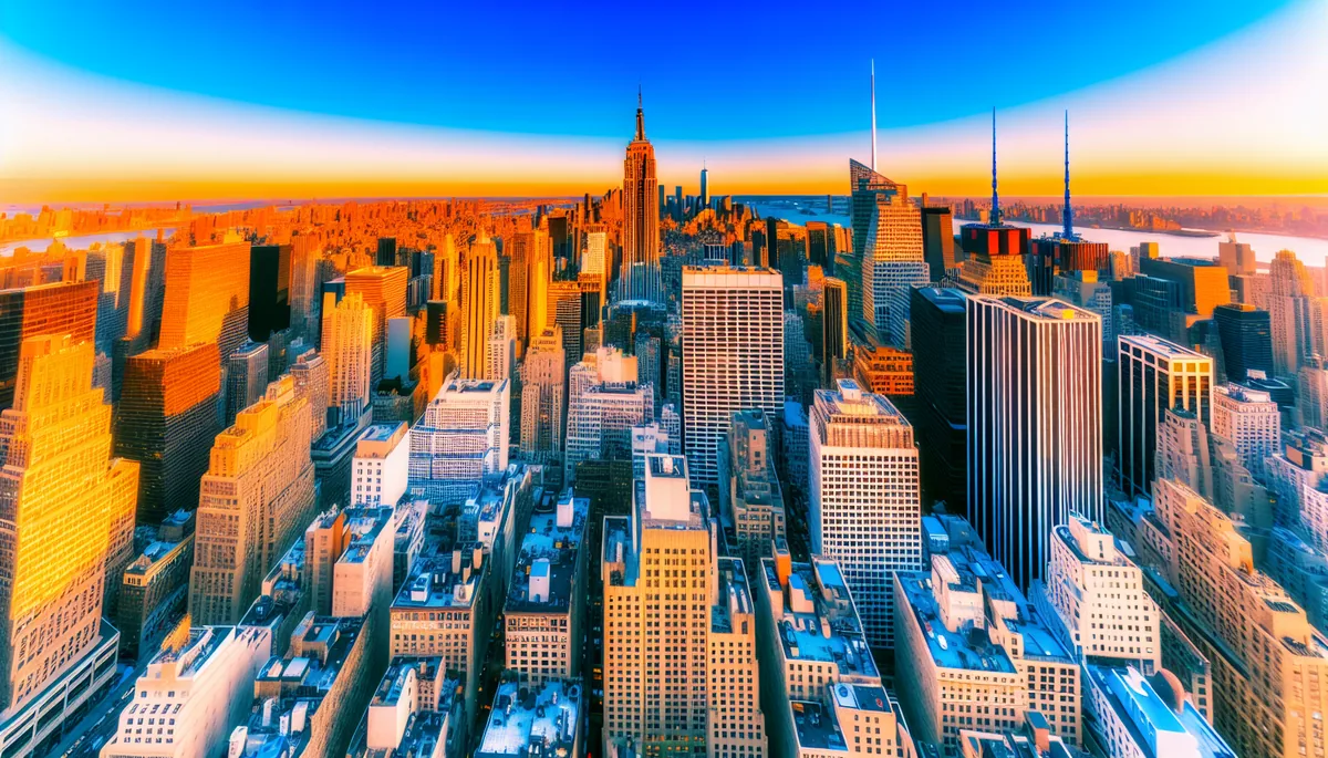 New York City skyline at golden hour with Empire State Building and Manhattan skyscrapers bathed in warm orange light