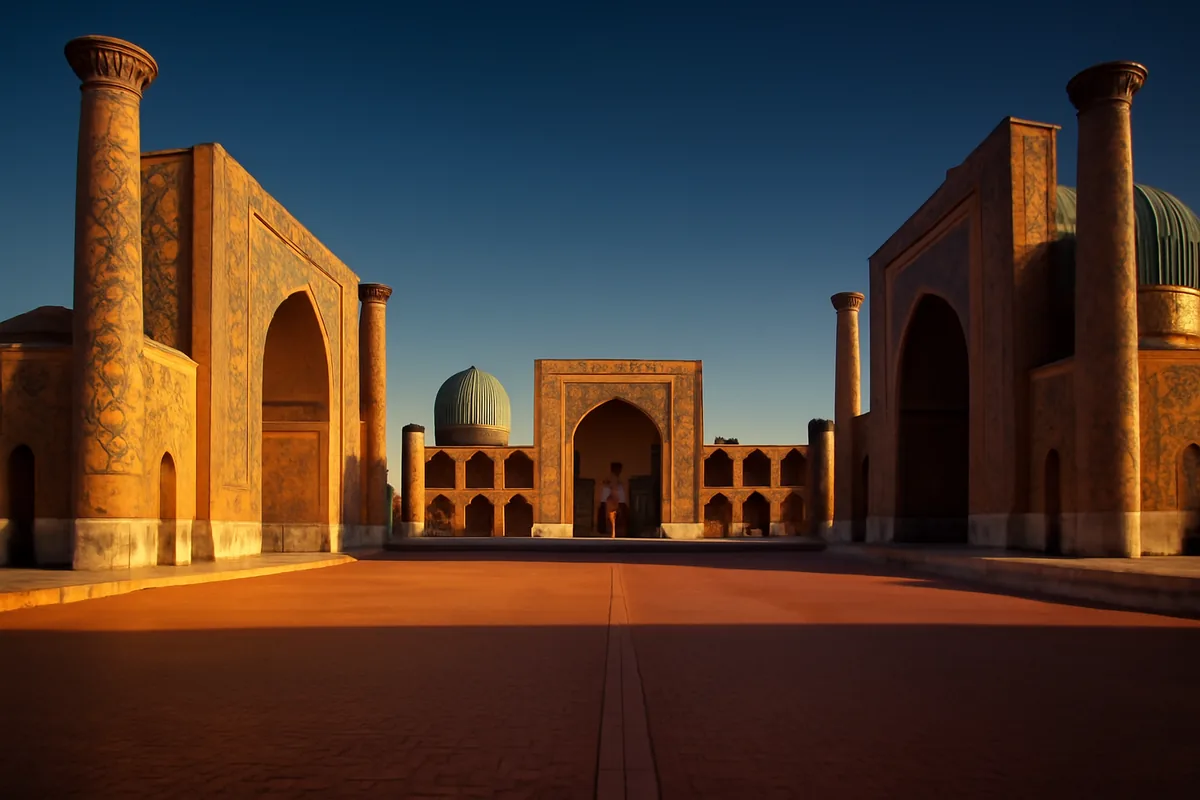 The iconic Registan Square in Samarkand, Uzbekistan, featuring three grand madrasahs adorned with intricate turquoise mosaic tilework glowing under warm golden hour sunlight
