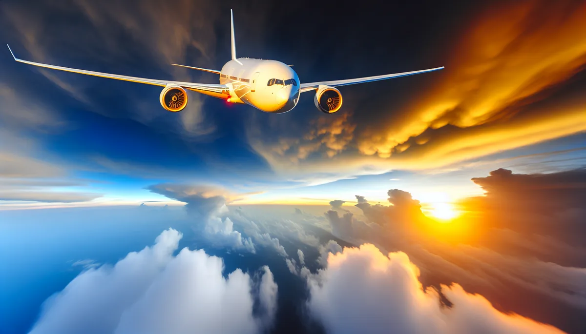 Commercial airplane flying through dramatic sunset clouds with golden lighting