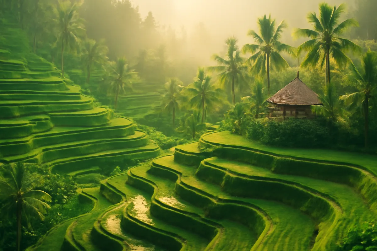 Aerial view of lush green Balinese rice terraces with traditional pavilion surrounded by tropical palm trees in golden morning light