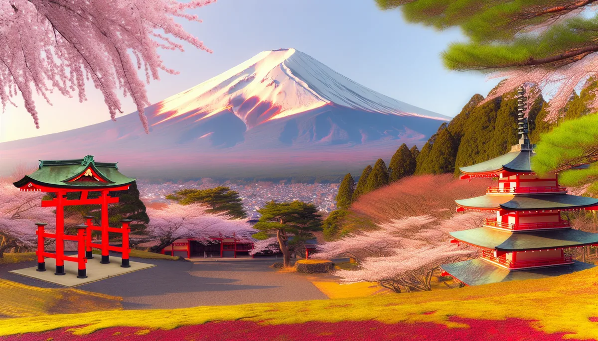 Mount Fuji with snow-covered peak behind a traditional Japanese temple with red torii gate, surrounded by blooming cherry blossom trees in soft morning light
