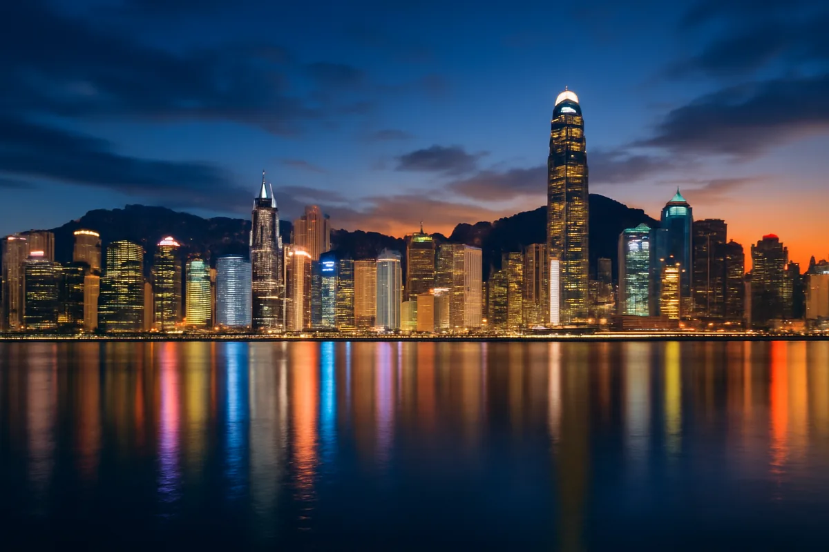 Hong Kong skyline at twilight with Victoria Harbour reflecting the glittering lights of towering skyscrapers under a deep blue and amber evening sky