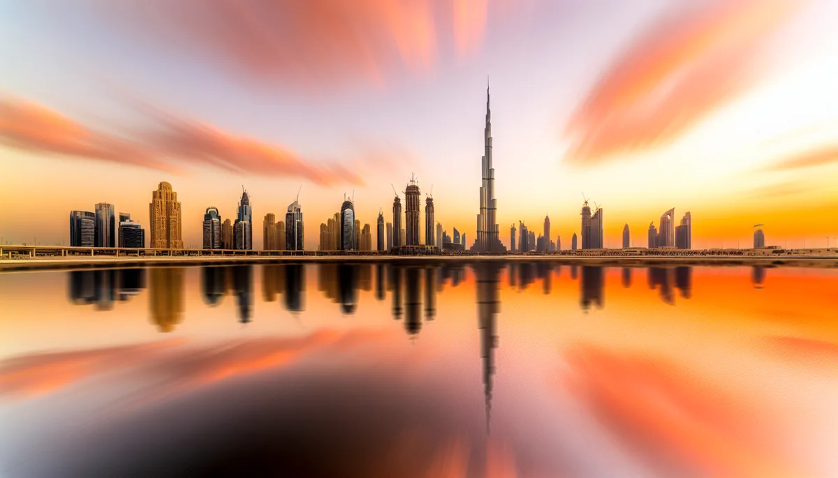 Dubai skyline at sunset featuring the Burj Khalifa and modern skyscrapers reflected in water with golden hour lighting