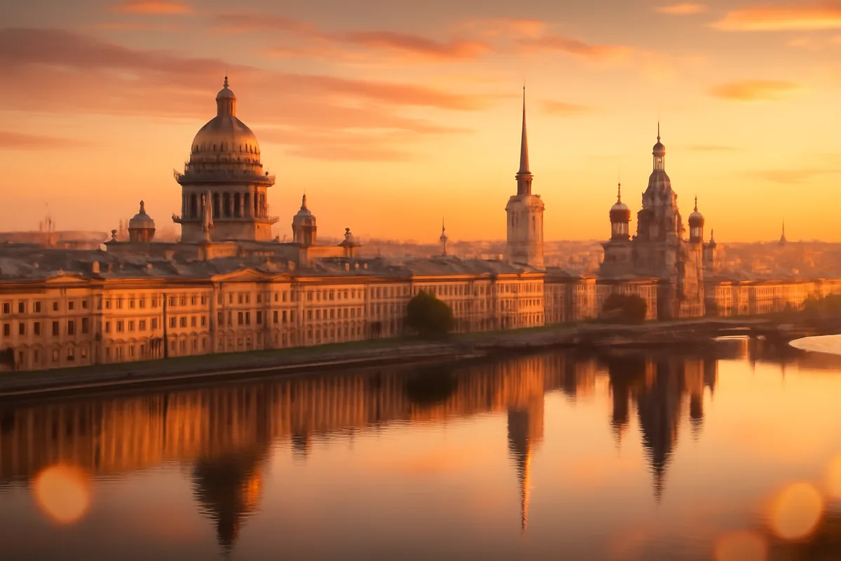 Aerial panoramic view of Saint Petersburg, Russia at golden hour, with historic domes and spires reflected in the Neva River under a warm amber sky