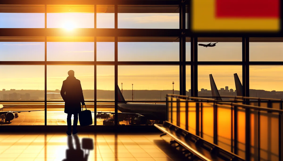Silhouette of a traveler at an airport departure gate looking out at an airplane and distant city skyline during golden hour