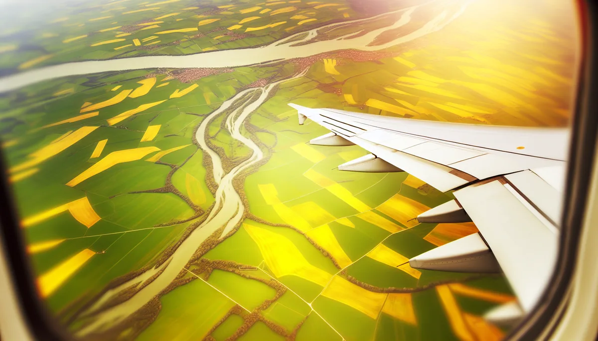 Aerial view from airplane window showing European countryside with green fields and rivers below during flight