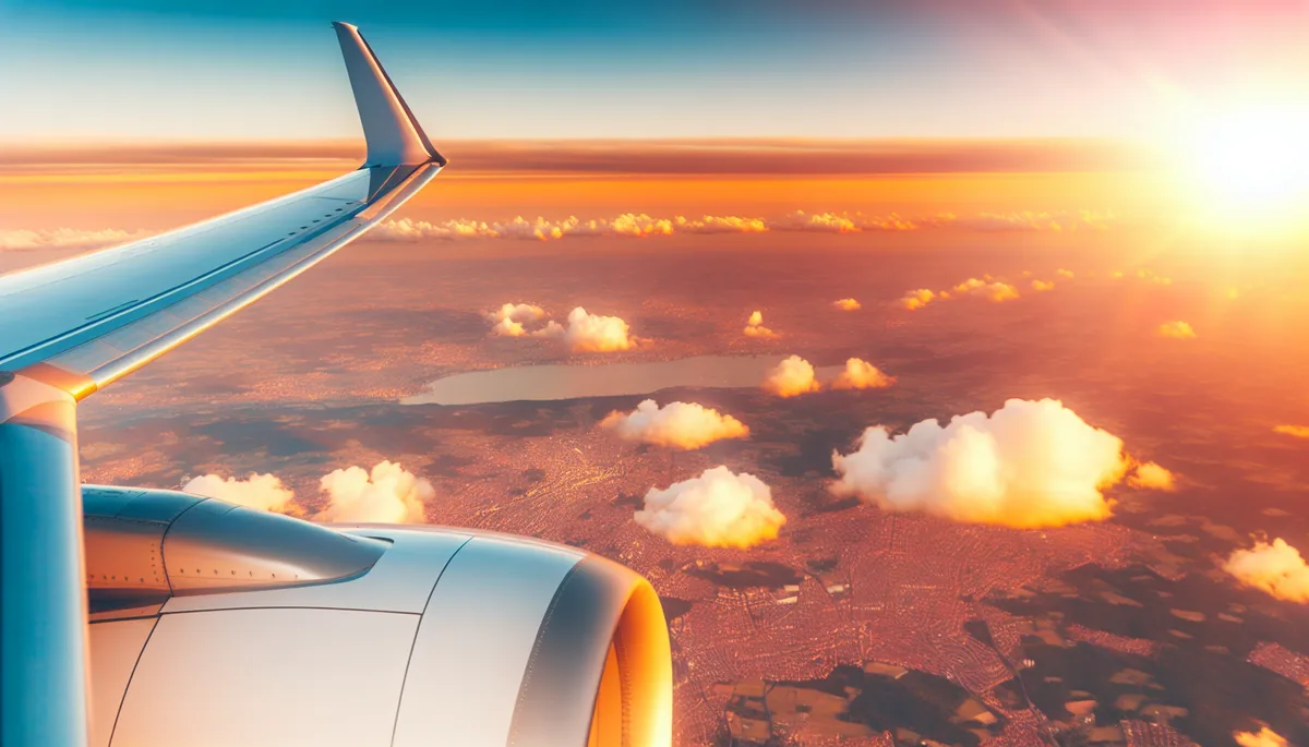 Aerial view from airplane window showing landscape below with golden sunset lighting and clouds