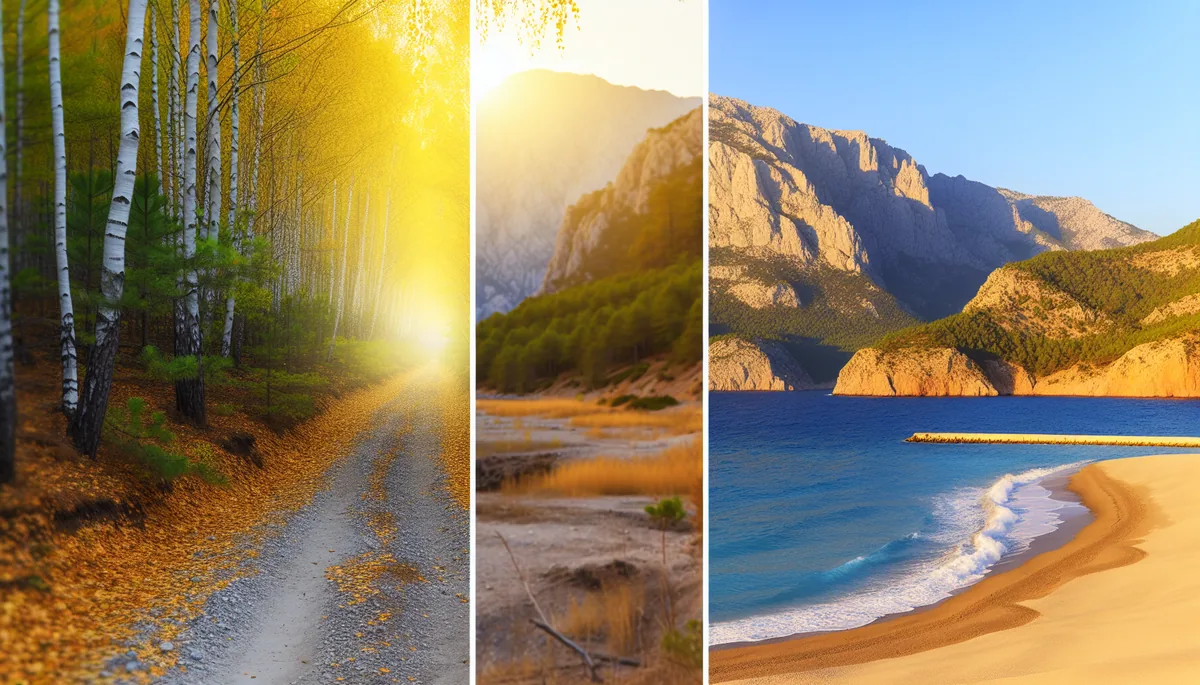 Split landscape showing two parallel paths - one through a Russian birch forest and another along Turkish Mediterranean coastline, symbolizing dual connectivity options for travelers