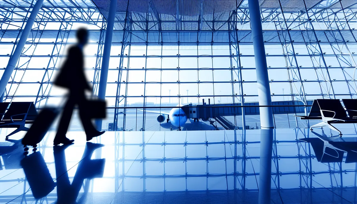 Silhouette of a traveler walking through a modern airport terminal with large windows and aircraft visible outside