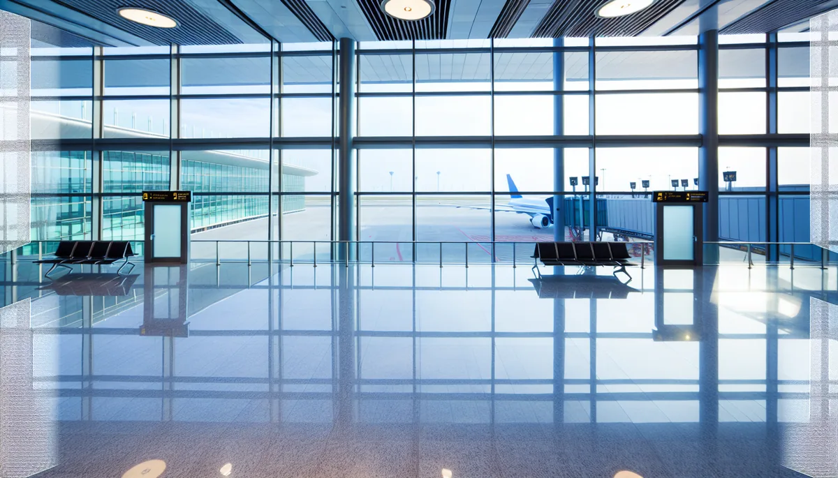 Modern airport departure lounge with large windows showing aircraft on the runway, featuring sleek contemporary architecture and natural lighting