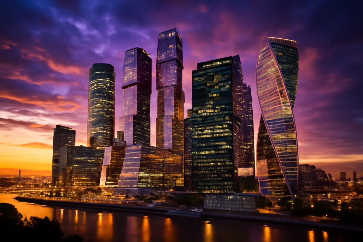 Modern Moscow cityscape at twilight with illuminated skyscrapers and dramatic sunset sky