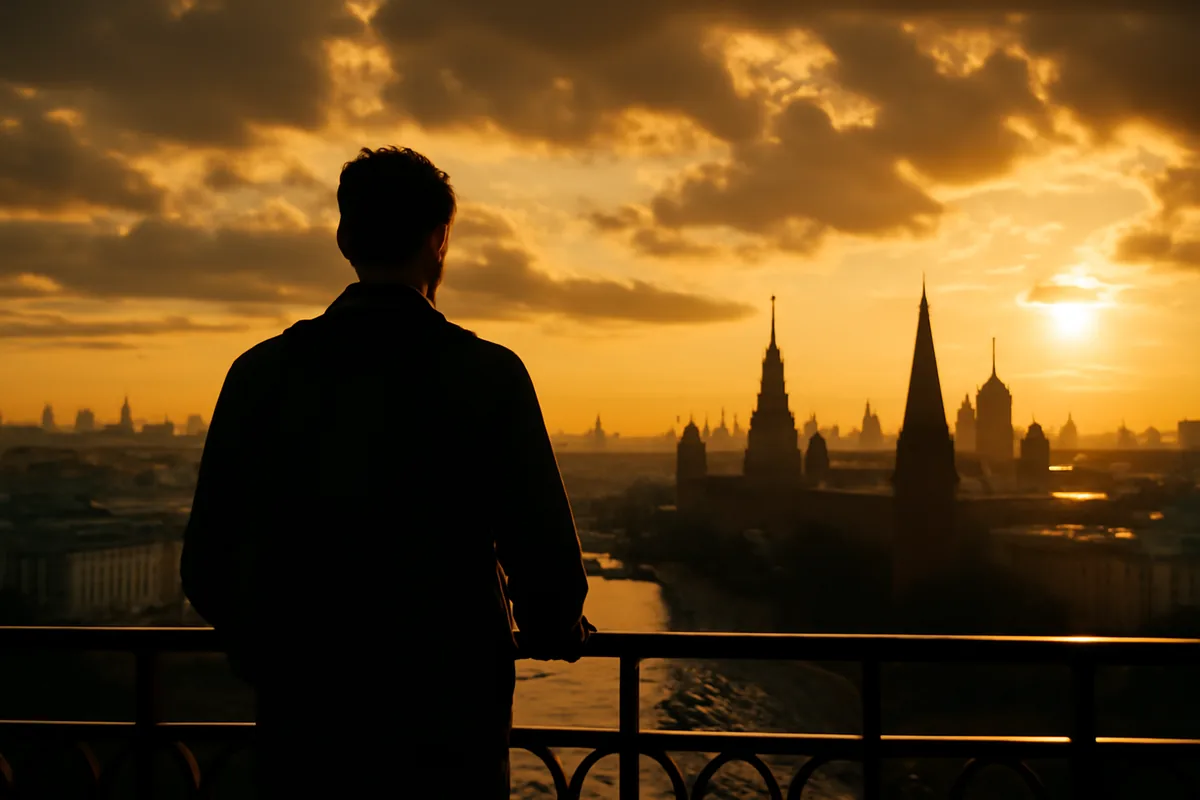 Silhouette of a traveler overlooking Moscow's skyline at sunset, with the Kremlin and Red Square visible in the distance