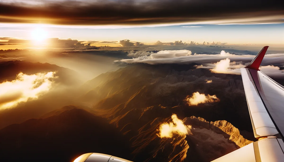 Aerial view from airplane window showing mountain ranges and clouds during golden hour sunset