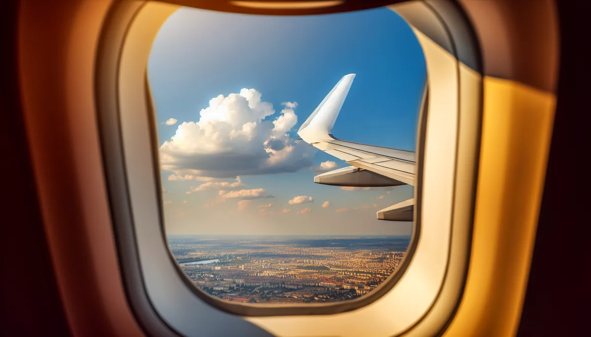 Aerial view from airplane window showing a European city landscape below with golden sunset lighting