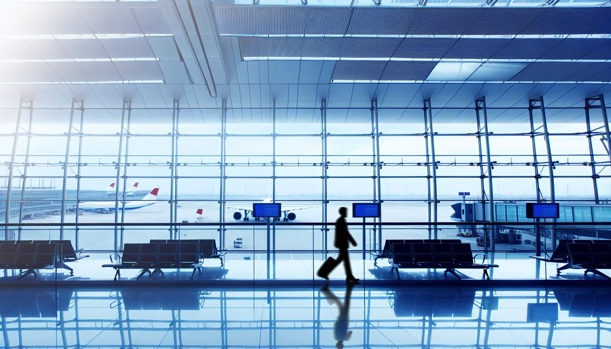 Silhouette of a traveler walking through a modern airport terminal with large windows showing aircraft on the tarmac