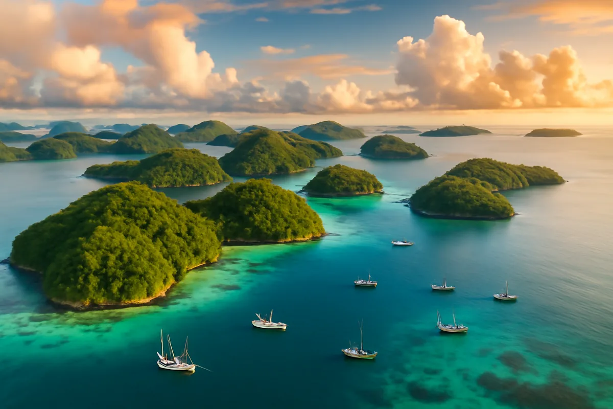 Aerial panoramic view of the Indonesian archipelago with lush green tropical islands surrounded by turquoise waters, bathed in warm golden hour light