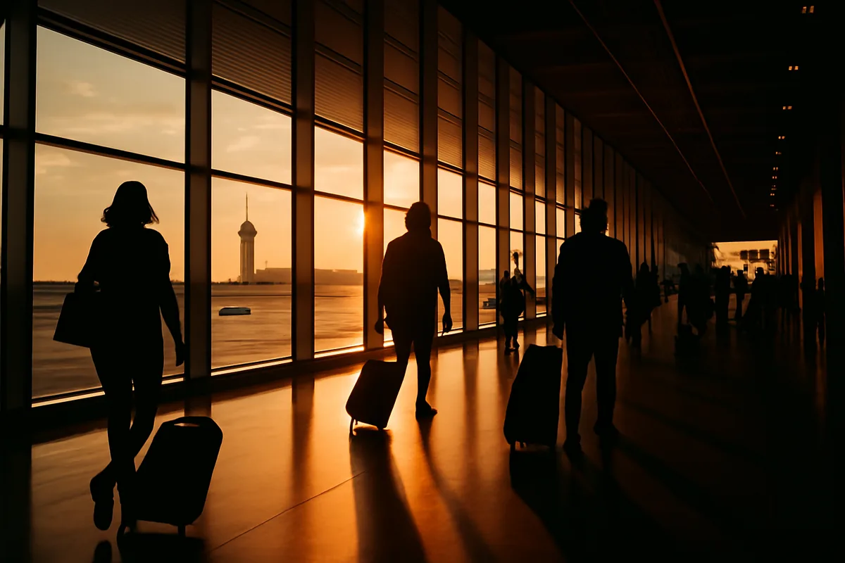 Busy international airport terminal at sunset with traveler silhouettes walking toward departure gates, warm golden light streaming through large windows