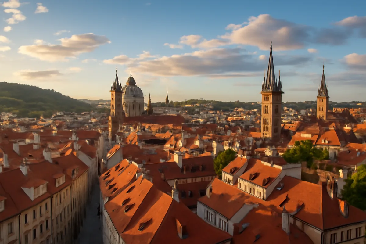 Panoramic golden hour view of a classic European city with terracotta rooftops, historic architecture, and green hills in the background under a bright summer sky