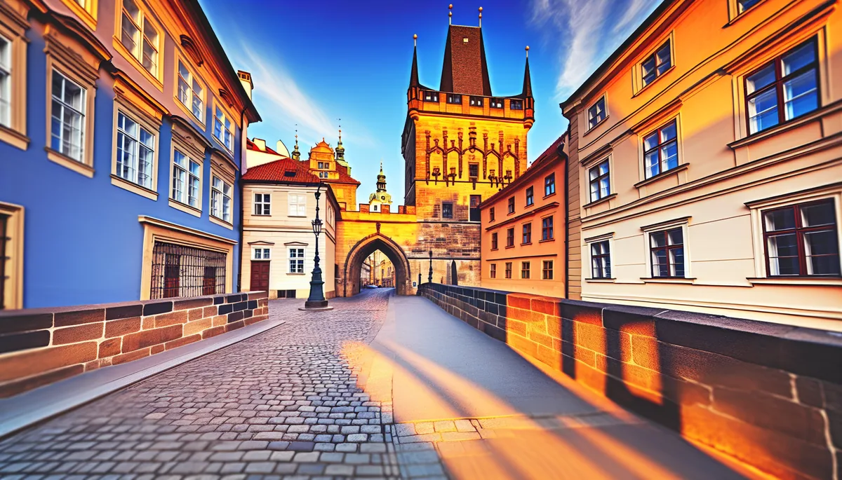 Panoramic view of a charming European city street with historic architecture, cobblestone pathways, and warm golden lighting during sunset