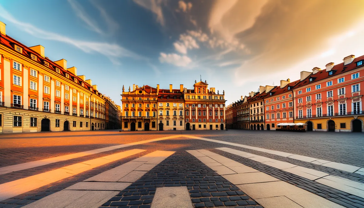Beautiful European city square with historic colorful buildings and cobblestone streets during golden hour