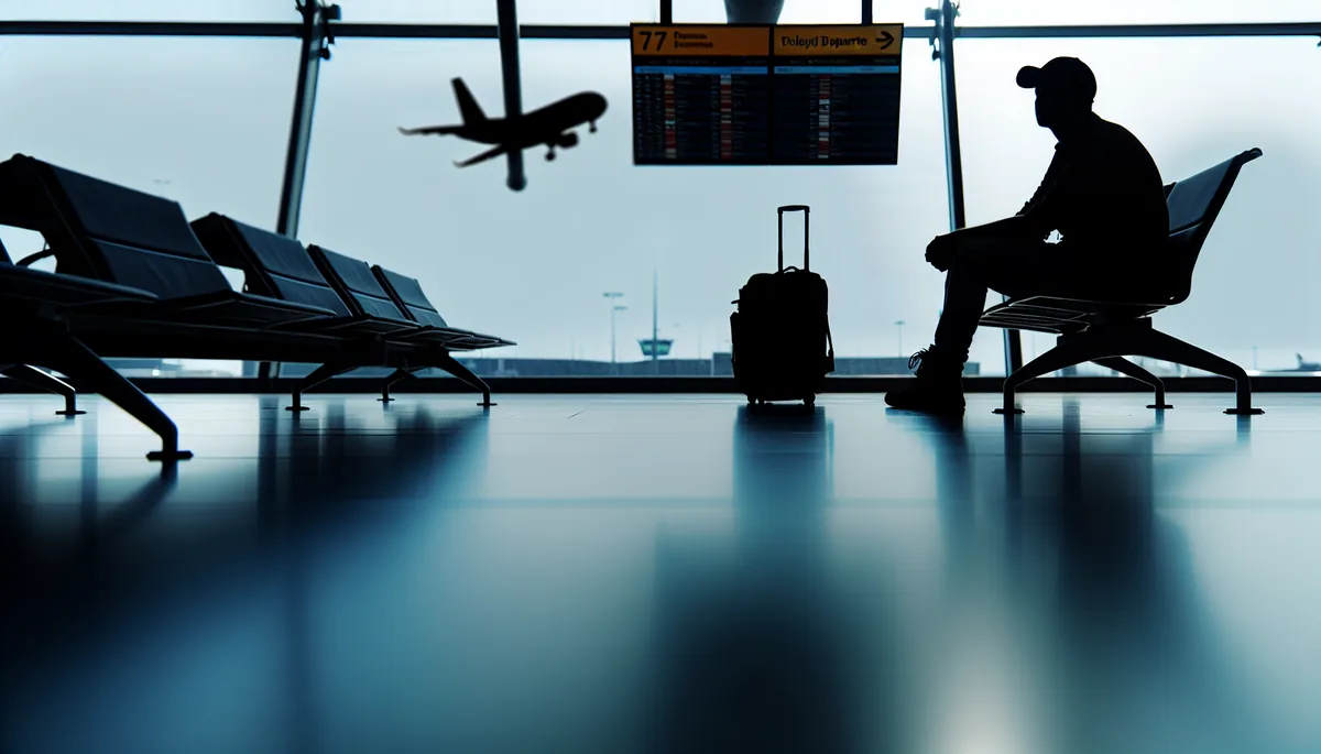 Silhouette of a traveler sitting alone at an airport gate with departure boards blurred in the background, conveying travel challenges and frustration
