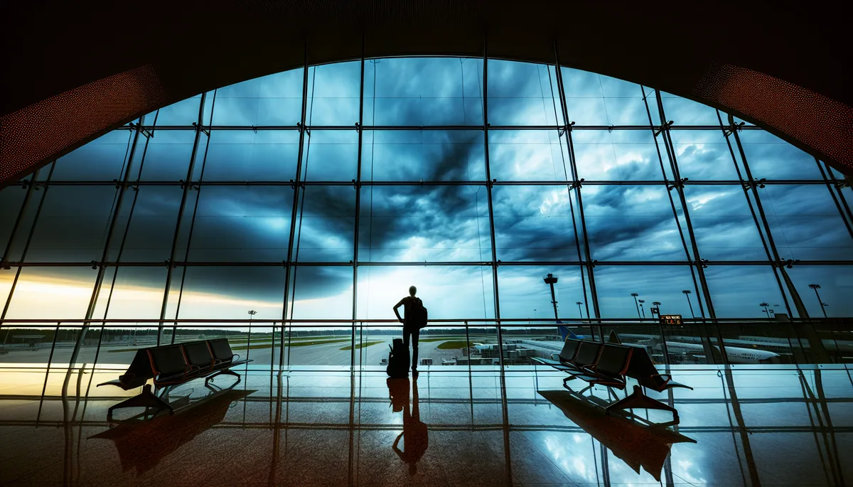 Silhouette of a traveler standing at an airport terminal window with dramatic stormy sky outside, conveying the stress and surprise of unexpected travel expenses