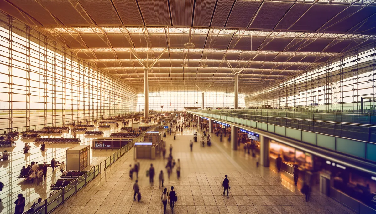 Modern international airport terminal with travelers walking through departure gates, featuring glass architecture and warm natural lighting