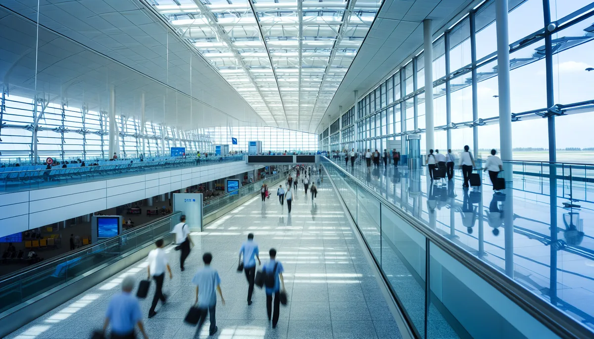 Modern airport terminal interior with travelers walking through bright, spacious corridors with large windows and contemporary architecture