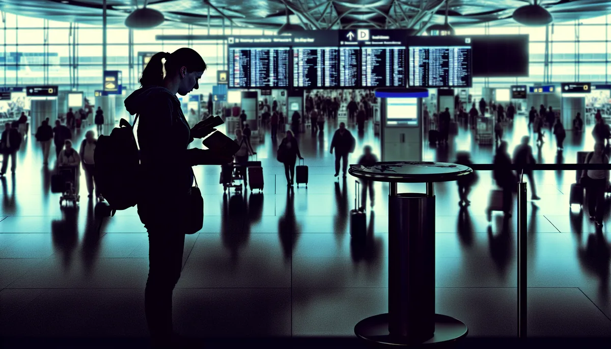 Silhouette of a traveler checking their wallet at an airport terminal with departure gates in the background