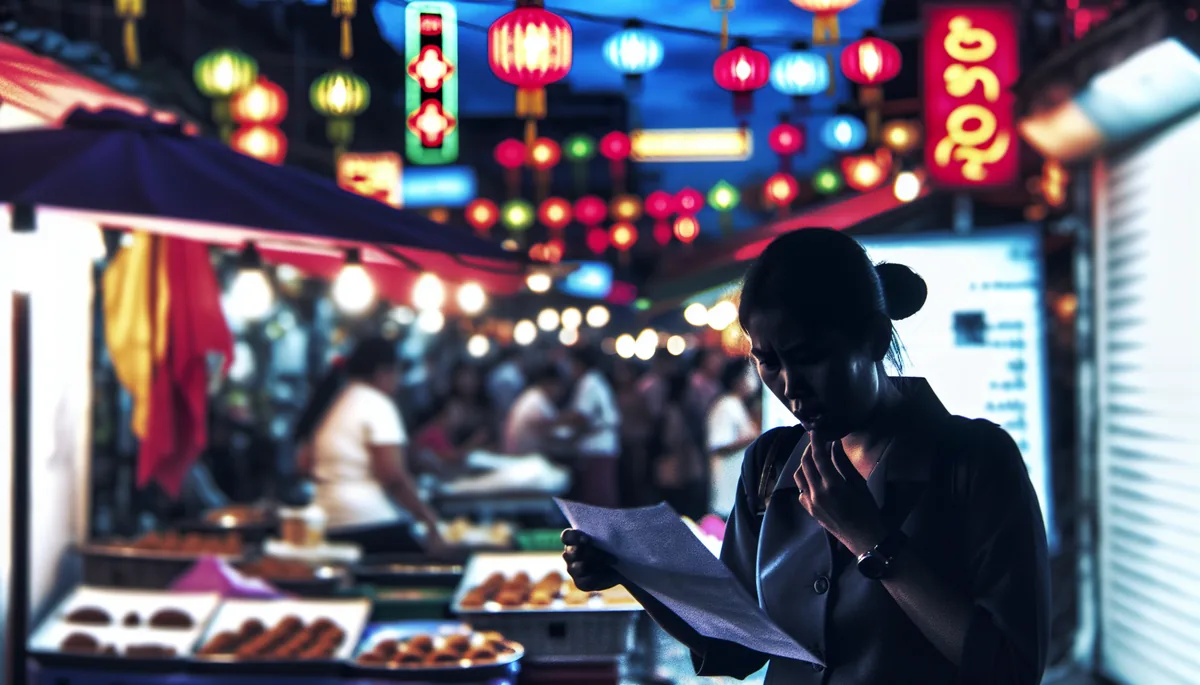 Silhouette of a traveler looking at documents on a busy Bangkok street with colorful market lights in the background during evening hours