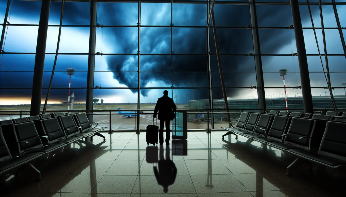 Silhouette of a traveler standing alone at an airport terminal with stormy clouds visible outside, conveying concern about unexpected travel expenses