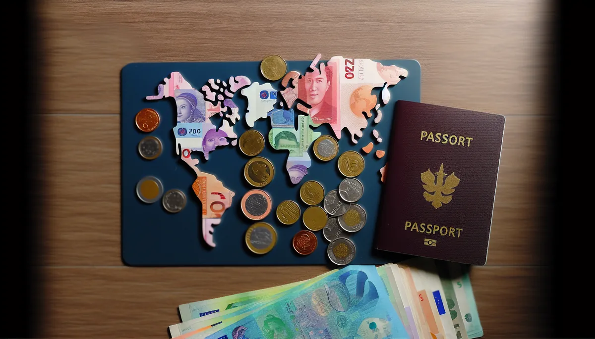 International currency bills and coins arranged on a wooden surface next to a passport corner, representing global travel costs and expenses