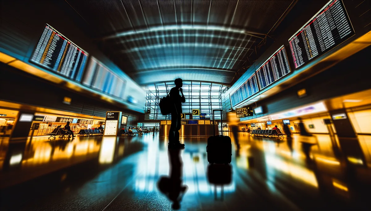 Silhouette of a traveler standing alone in a busy airport terminal with blurred departure boards in the background, conveying uncertainty and travel challenges