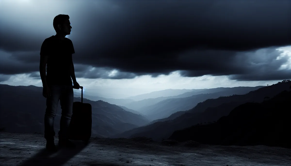 Silhouette of a traveler with luggage standing alone at a mountain viewpoint under dramatic stormy skies, conveying travel challenges and uncertainty
