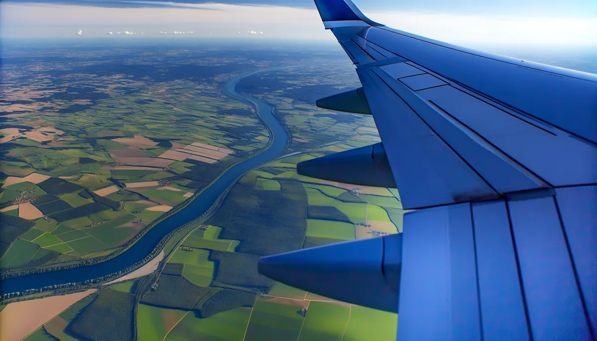 View from airplane window showing wing and European countryside landscape below during flight