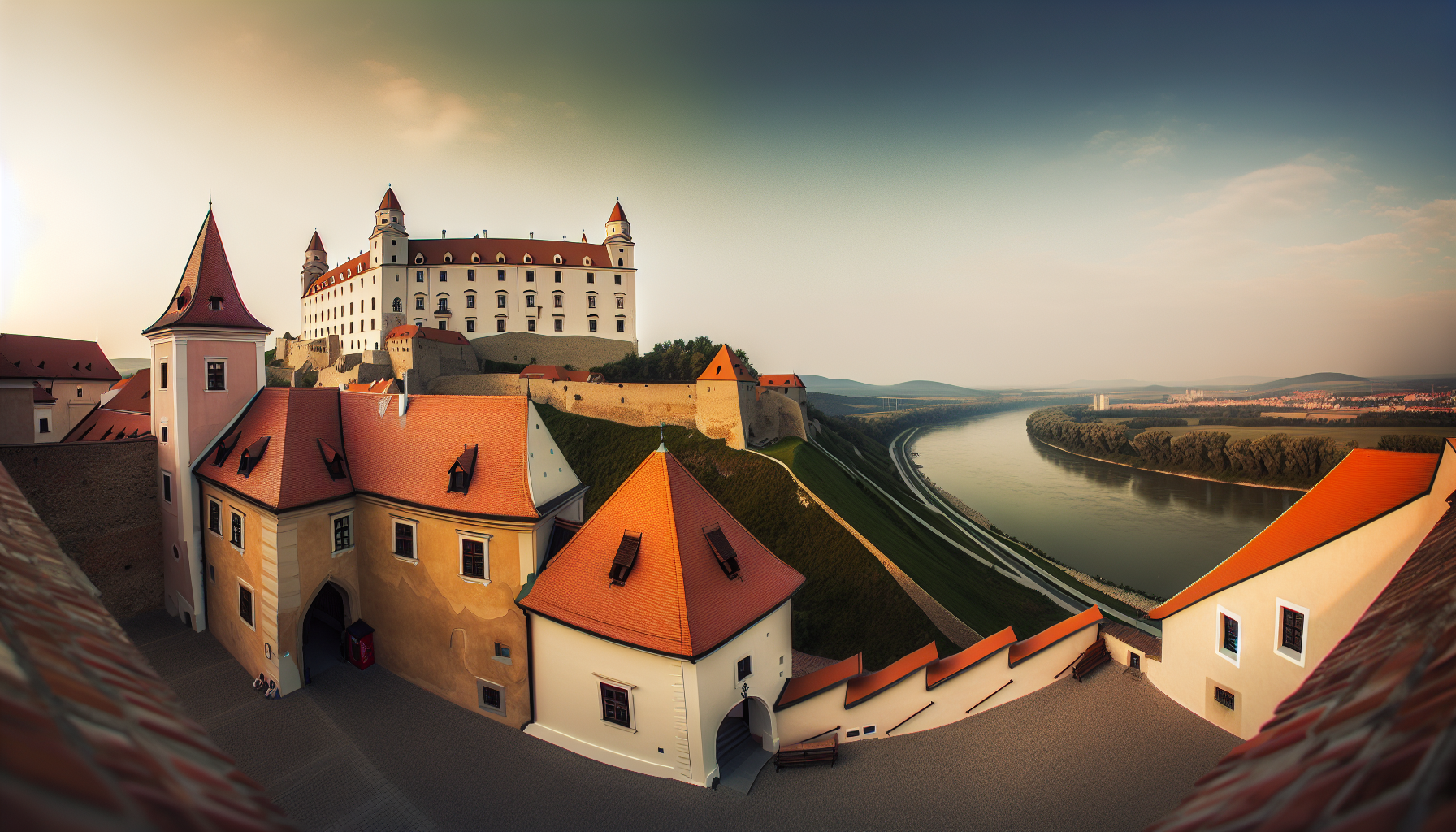 Panoramic view of Bratislava Castle and historic Slovak cityscape along the Danube River during golden hour