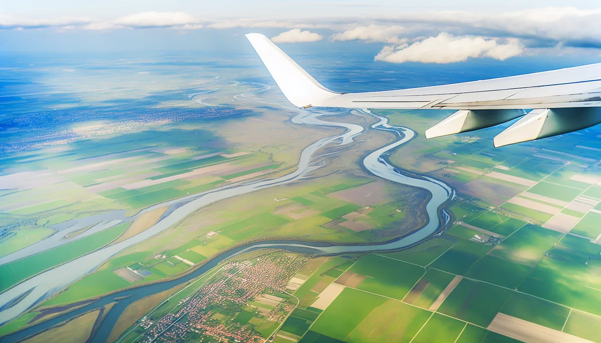 Aerial view from airplane window showing European countryside landscape with fields, rivers, and clouds during flight
